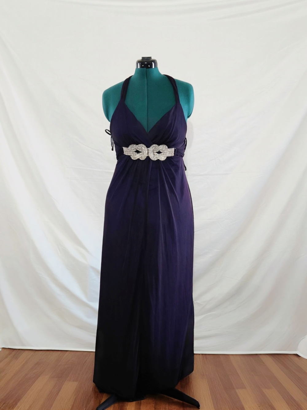Deep Purple Halter Maxi Dress with Rhinestone Waist Accent